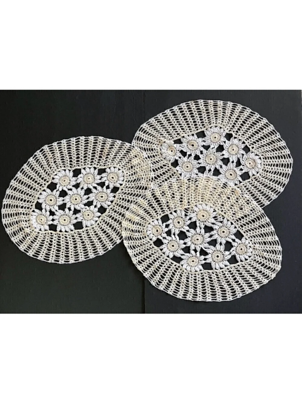 Hand Crocheted Oval Lace Peach Doilies Centerpiece Doily Floral Vintage Lot of 3